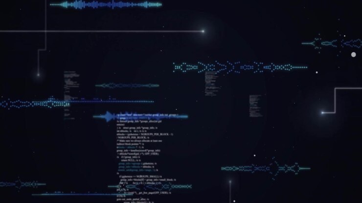 Floating cluster of audio waveform bars glowing across dark animated UI, displaying code fragments