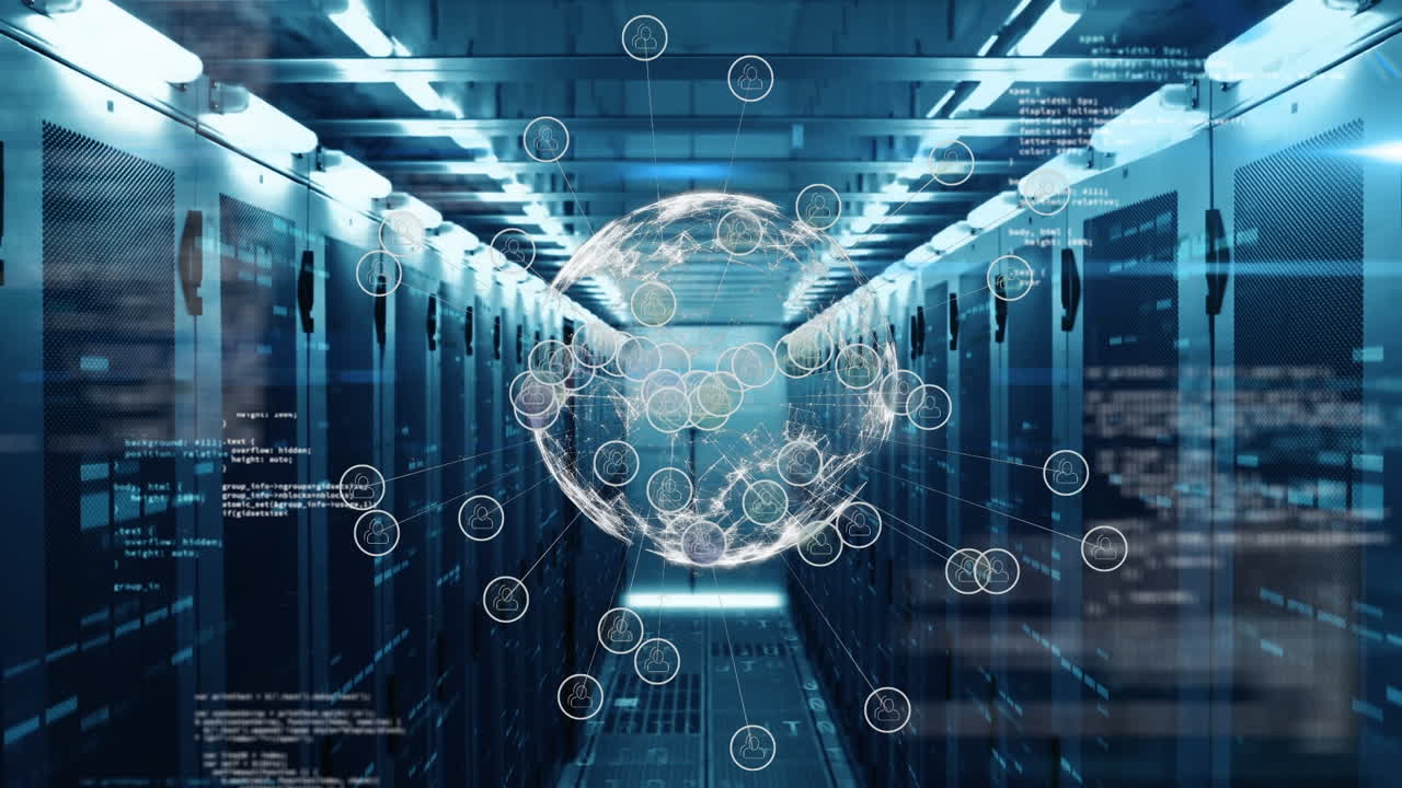 Animation of financial data processing and globe over server room