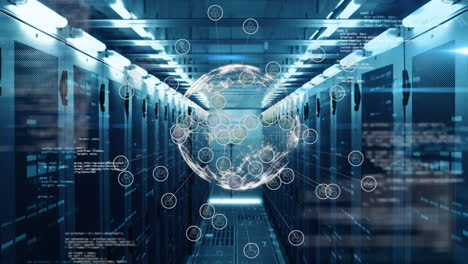 animation of financial data processing and globe over server room