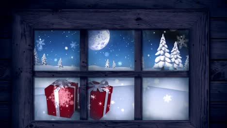 Animation-Von-Weihnachtsgeschenken-In-Einer-Winterlandschaft,-Gesehen-Durch-Das-Fenster