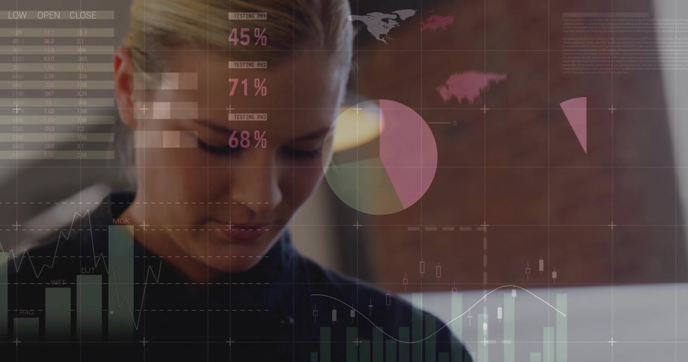 Female analyst glancing at monitor reviewing business data, animated pie charts expanding over face