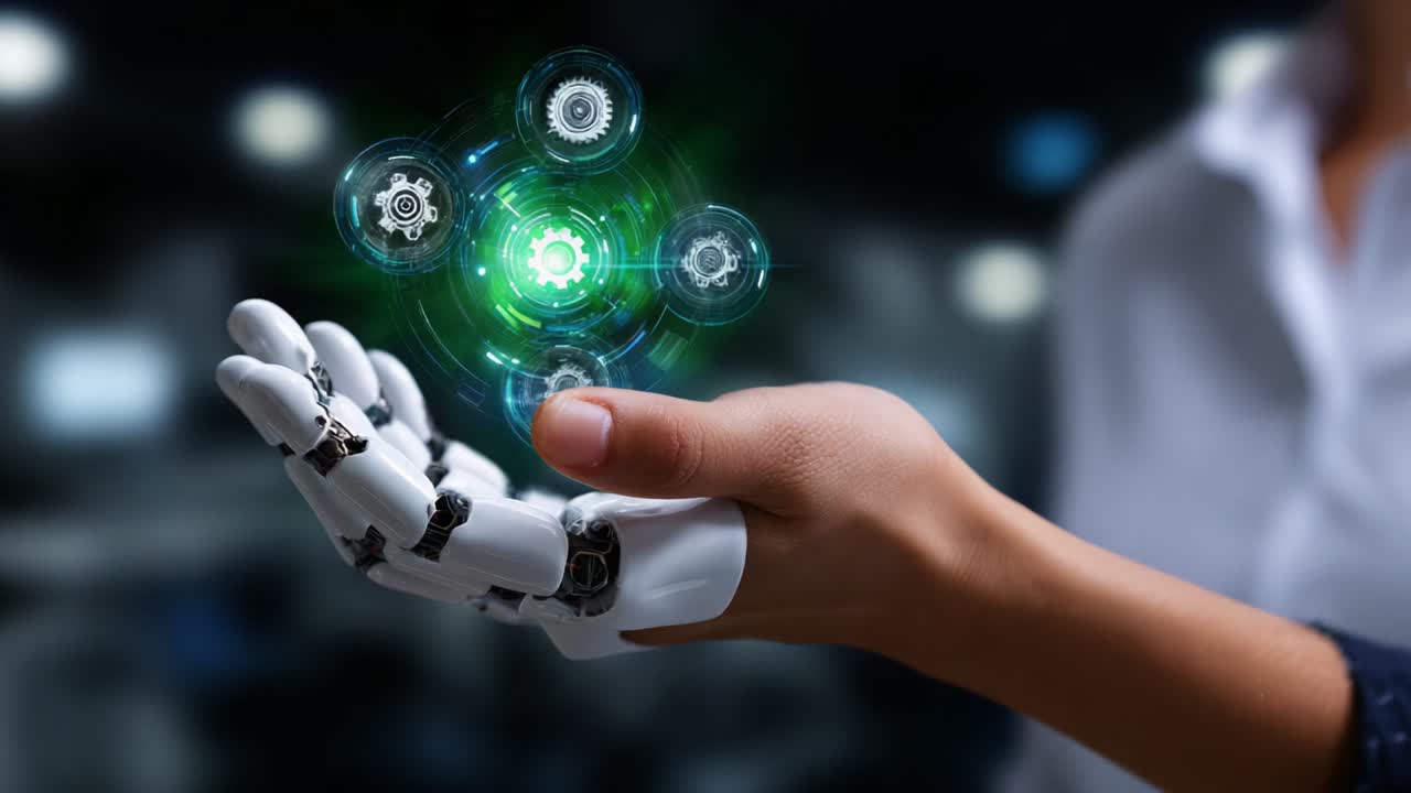 A Futuristic Glimpse into Robotics: Showcasing a Human Hand and a Robotic Hand Uniting Technology with Precision, Highlighting Interactions with Advanced Digital Interfaces and Innovative Mechanisms