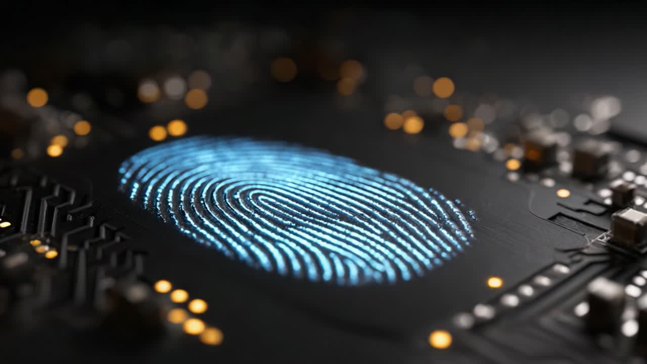 Exploring the Intersection of Technology and Security: A Futuristic Image Showcasing a Vibrant Digital Fingerprint Against a Microchip Background