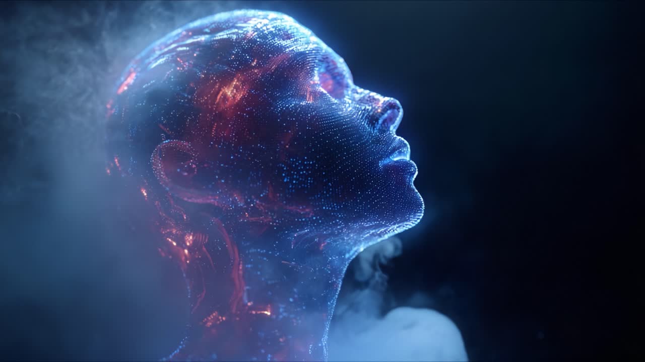 A captivating portrayal of a dreamlike, digital human figure illuminated by vibrant particles and glowing textures, showcasing an ethereal display of colors and intricate visual elements in a surreal atmosphere