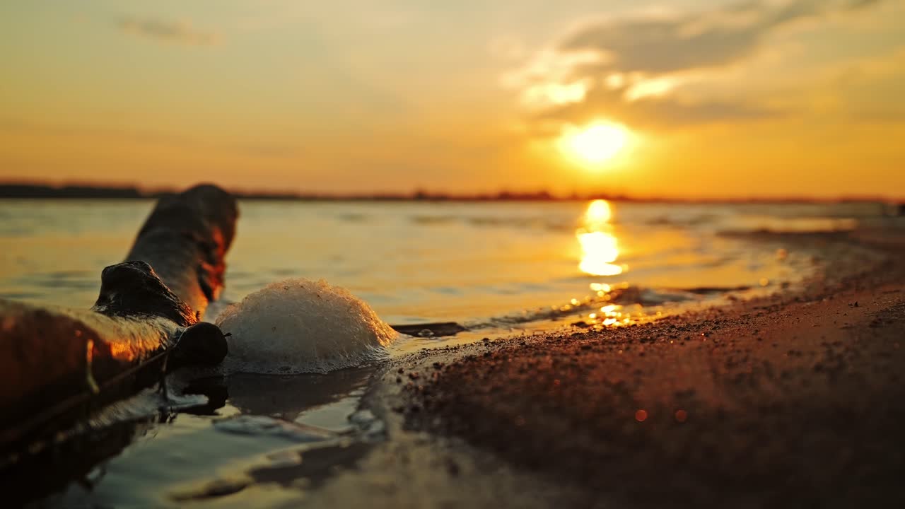 Golden sunrise reflects on soft river foam and driftwood along peaceful shore