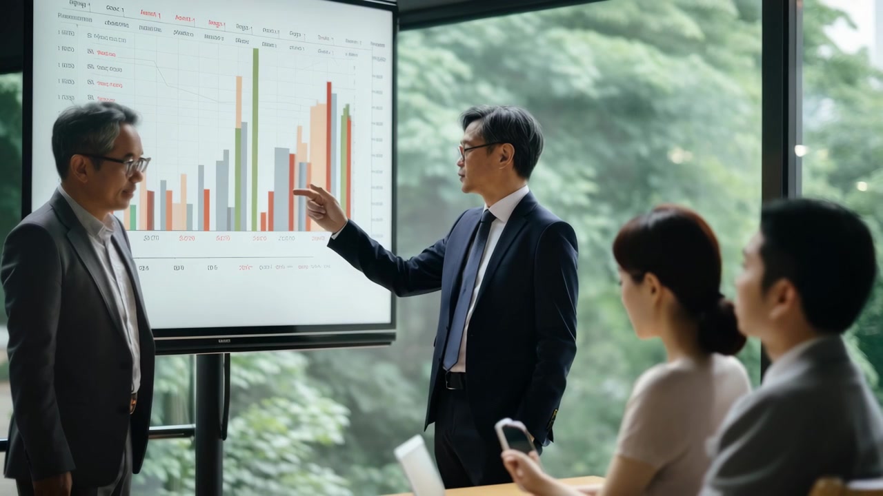 Asian Businessman Presenting Data on Screen to Colleagues in Modern Office