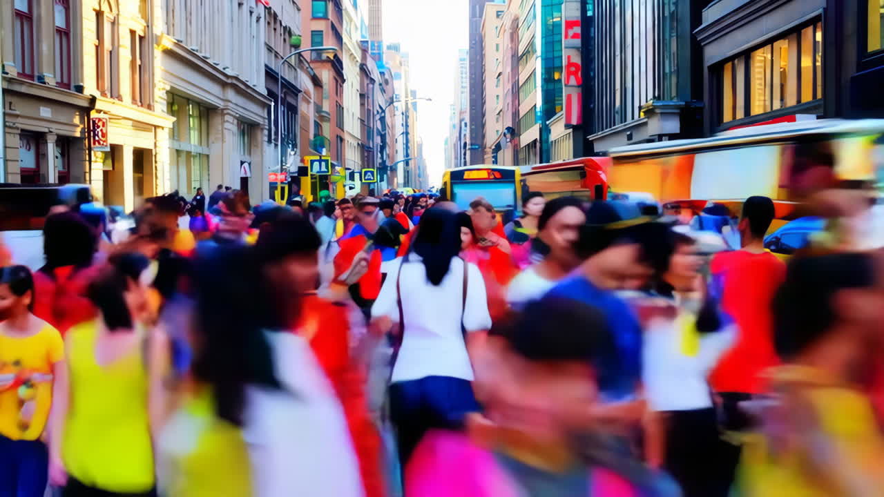 Busy City Street with Colorful Crowd