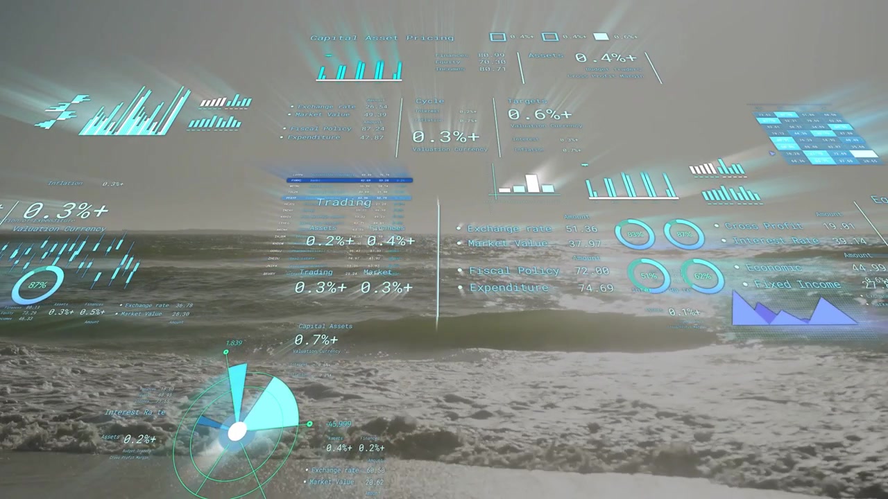 AR analytics dashboard fading in, projecting rotating gauges, updating charts to show coastal data