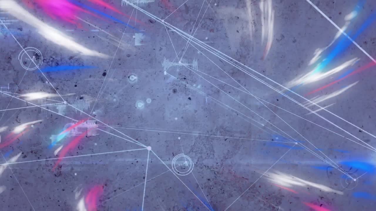 회색 배경에 빛의 애니메이션, 다채로운 얼룩과 연결 네트워크