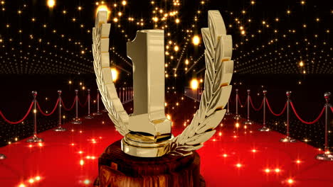 animation of first place award trophy at floodlit, red carpet winners' prize giving ceremony