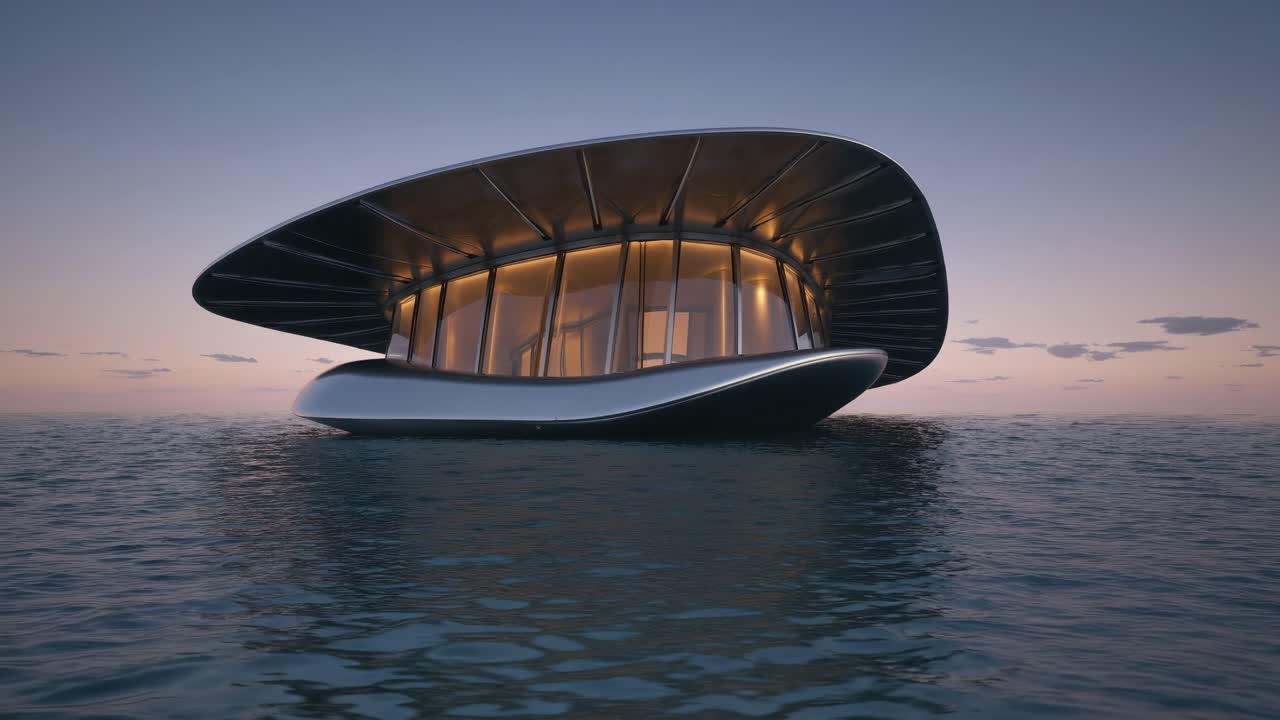 Floating architectural design mimicking marine creature, glowing during sunset, highlighting eco friendly waterfront dwelling with sleek structural elements