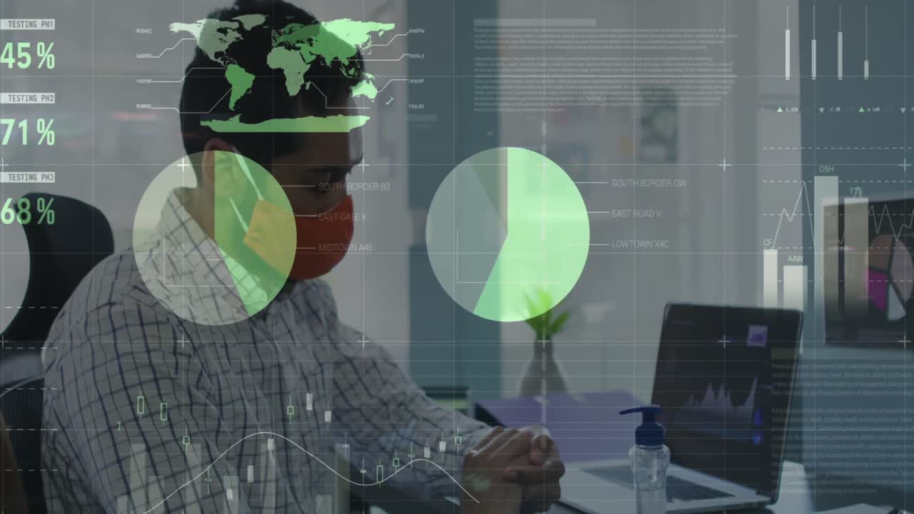 Statistical data processing against man wearing face mask sanitizing his hands at office