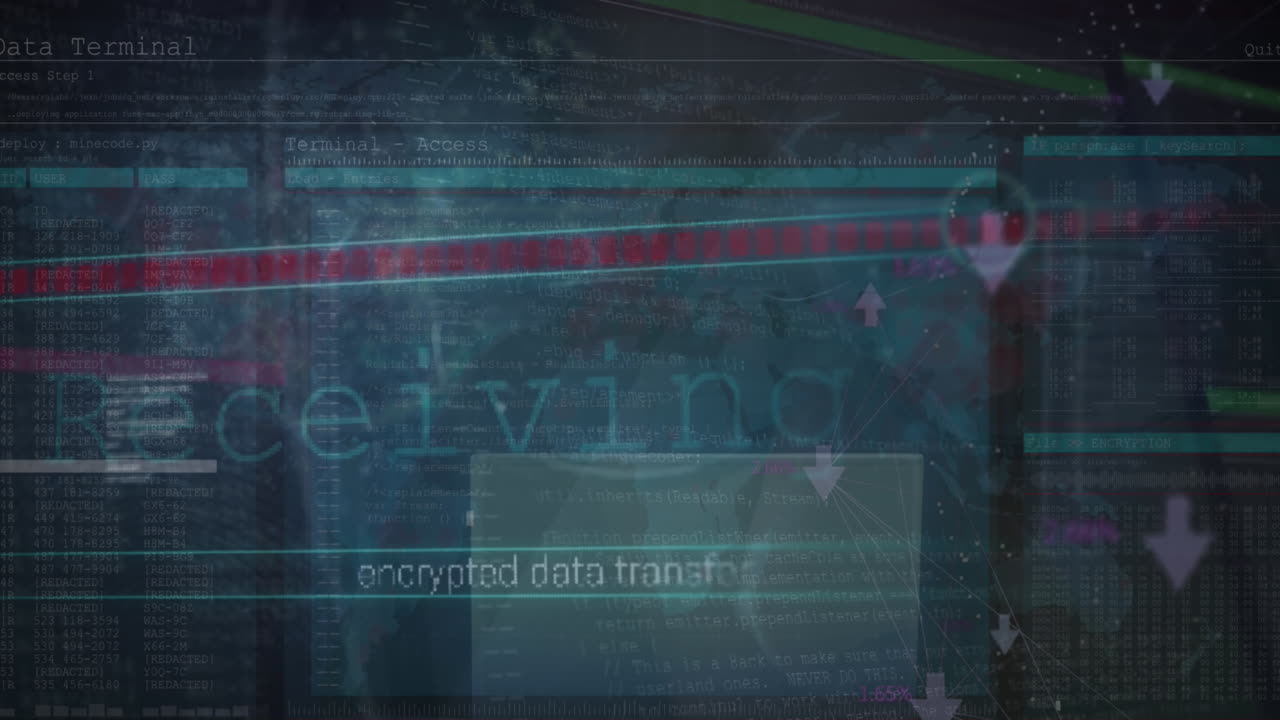 Animation of data processing over world map against male hacker