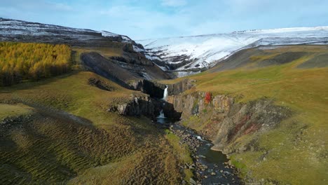 idyllic aerial view of waterfalls on serene iceland mountainside in springtime