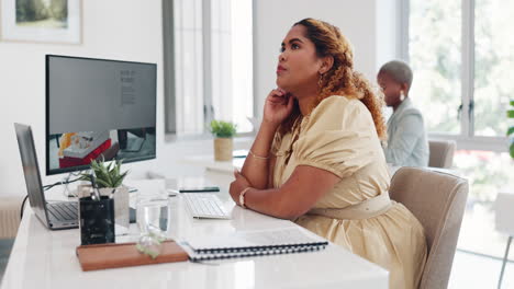 business, woman thinking and typing for startup