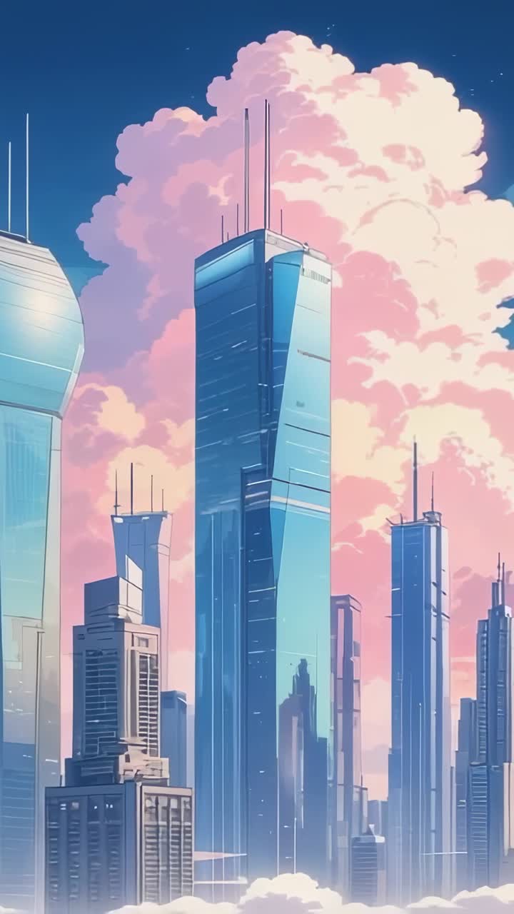 Vertical video: Opening interior static view, camera panning revealing towers in mist, pink cloud