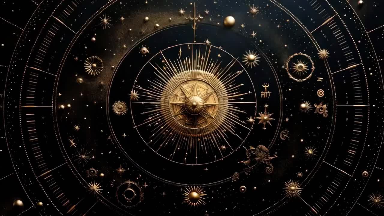 A celestial-themed video with a top-down angle, showcasing intricate golden astrological symbols