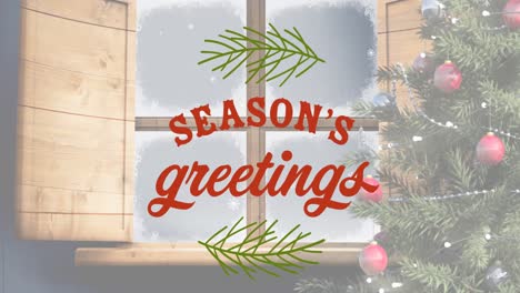 animation of seasons greetings christmas text and tree over winter snowy window