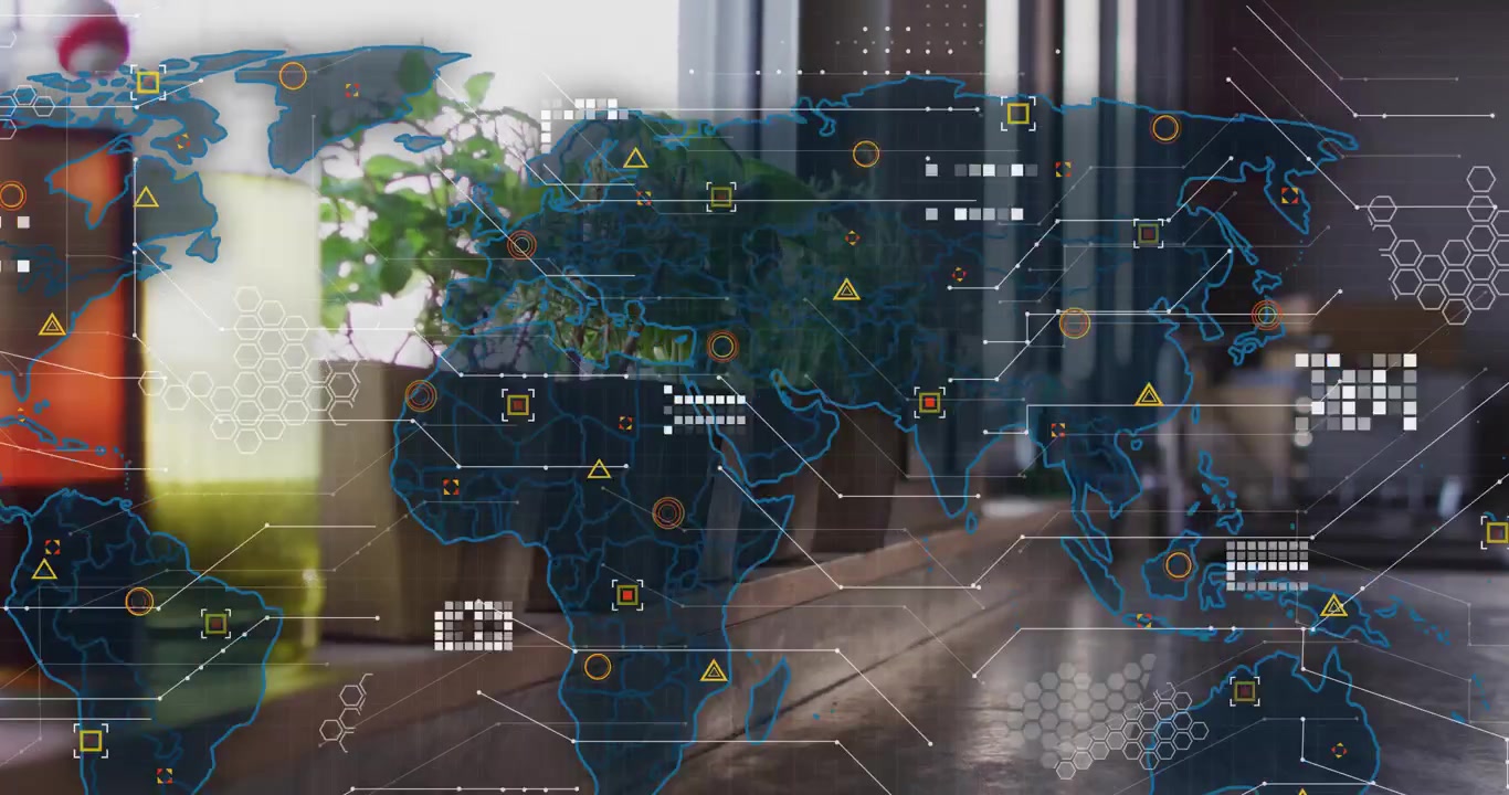 Camera panning slowly revealing world map overlay on herb pots and bottle for data visualization