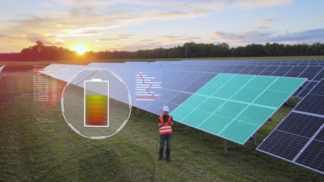 ingeniero probando nuevos paneles solares instalados en el campo de la granja al atardecer - cargando la batería gráficos de movimiento digital y hologramas - toma aérea hacia atrás