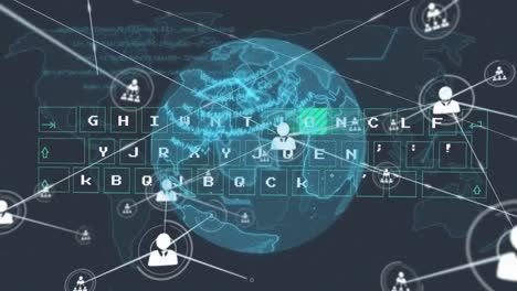 Animation-of-connected-profile-icons,-globe,-illuminated-keyboard-over-computer-language-and-map