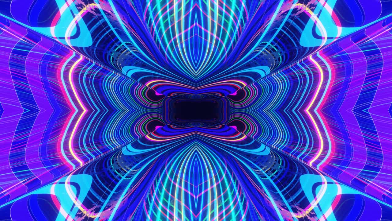 animación en bucle sin costuras de 4k. vuela a través de un túnel simétrico de espejo con patrón de neón, patrón de brillo de ciencia ficción. luz de neón de reflexión brillante. fondo brillante simple, estructura de ciencia ficción