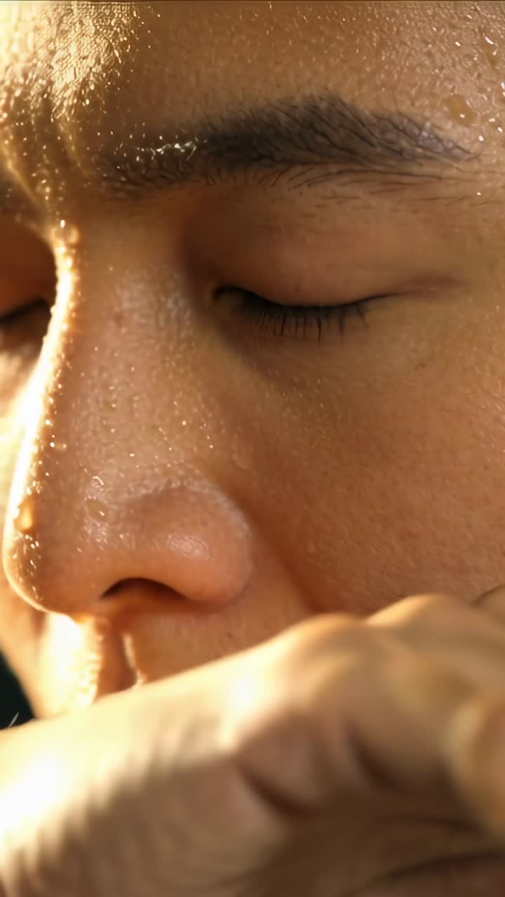 Vertical video: Wiping man touching face closeup, sweaty skin and orange sleeve from heat