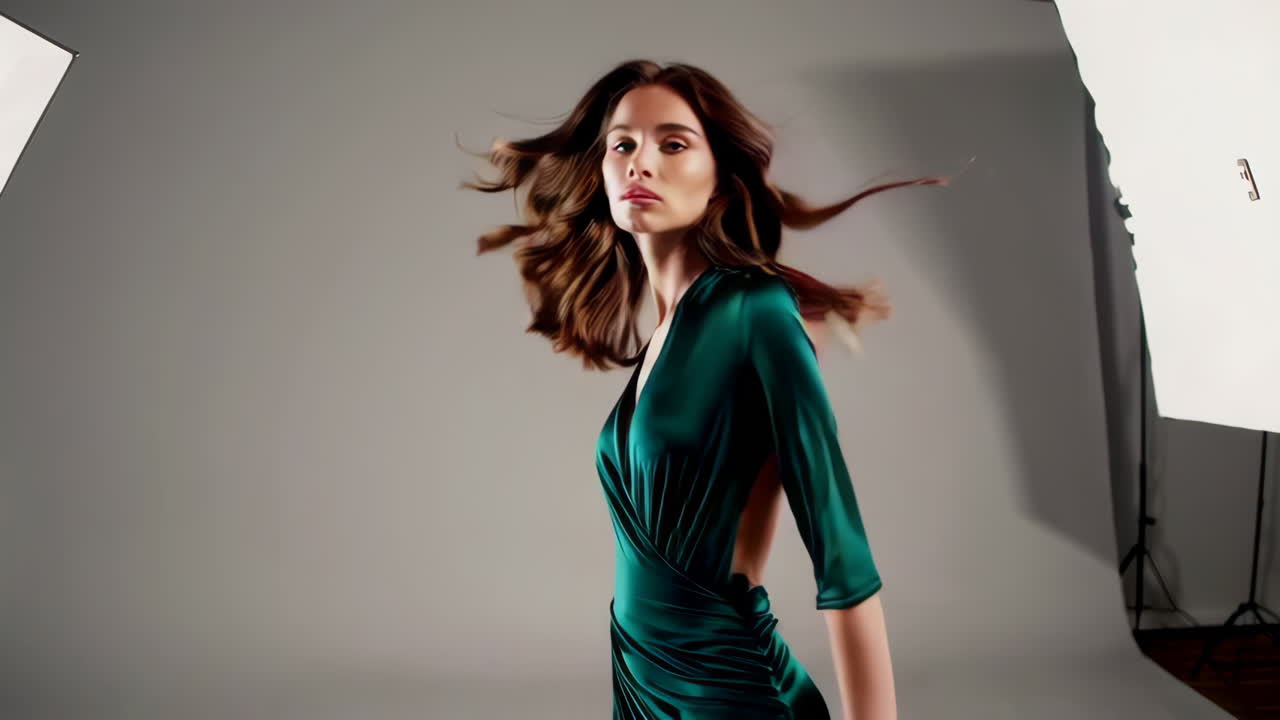 Elegant Woman in Green Satin Dress