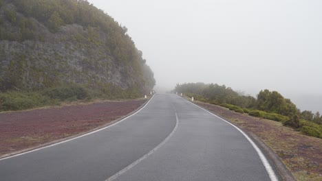 view of a road carved in the mountains of madeira island during winter, fog covering a section of the road