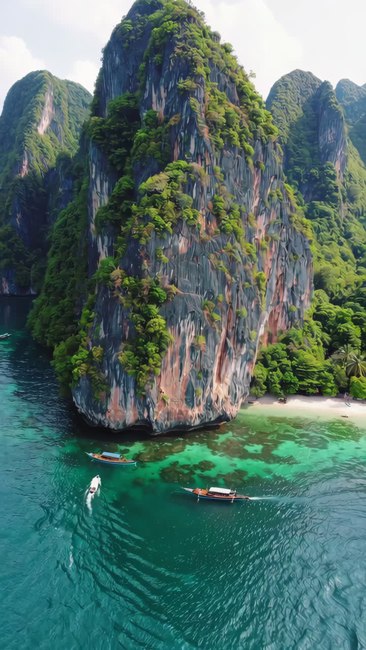 Stunning Tropical Limestone Cliffs and Turquoise Waters with Longtail Boats in Thailand