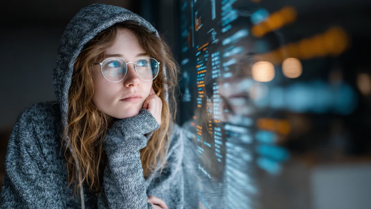 A contemplative young woman in a hoodie gazes thoughtfully out a window, reflecting on digital data and ideas, highlighting moments of introspection and innovation