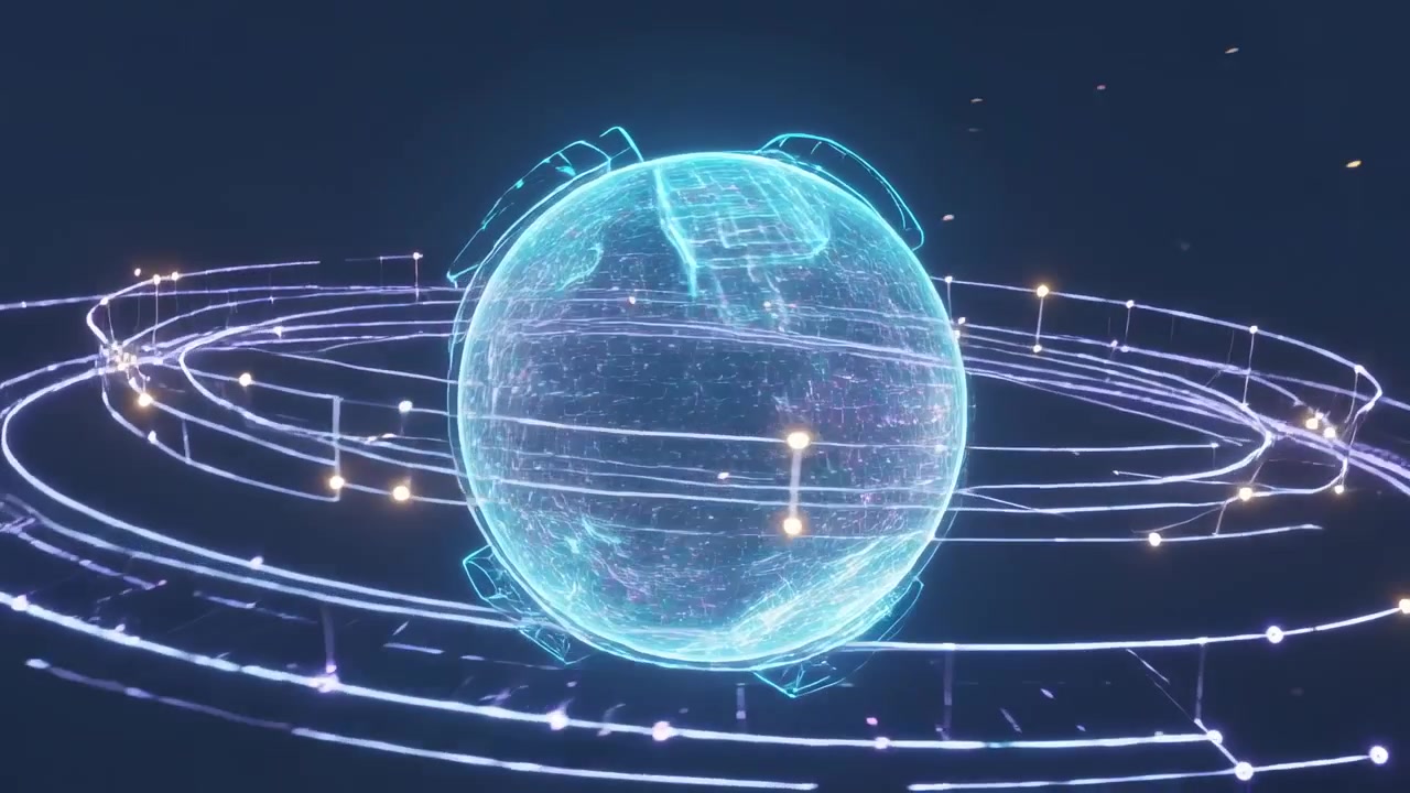 Rotating holographic globe showing grid and rings while camera circling navy field revealing nodes