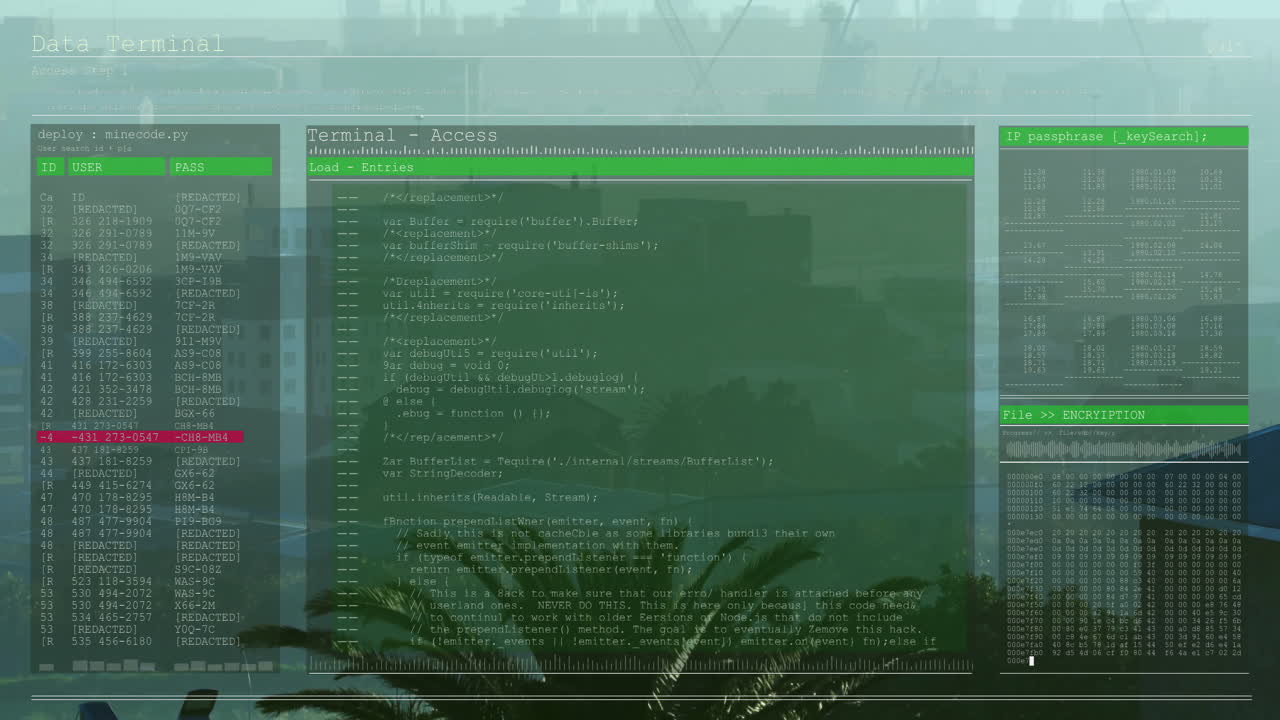 Animation of data processing over cityscape