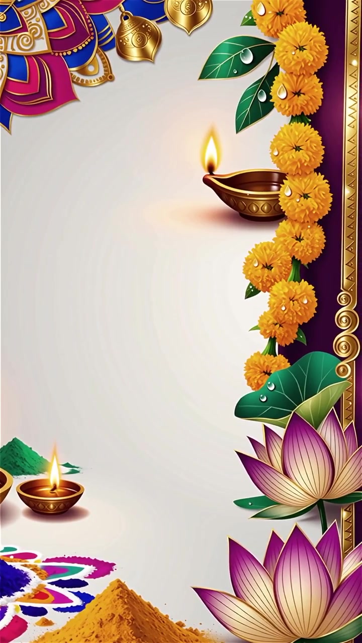 Sfondo Diwali con Diyas luminosi, Rangoli e fiori di loto