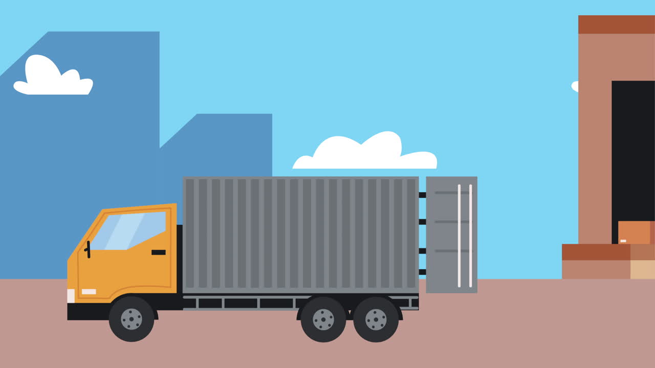 도시에 있는 창고에서 트럭에 짐을 고 짐을 내리는 것