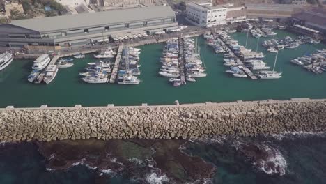 Aerial-Shot-of-The-Old-Port-of-Jaffa,-Israel