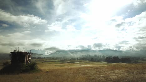 Pan-of-the-early-morning-wide-view-of-sacred-valley-with-bright-sky-with-amazing-clouds-,-cusco