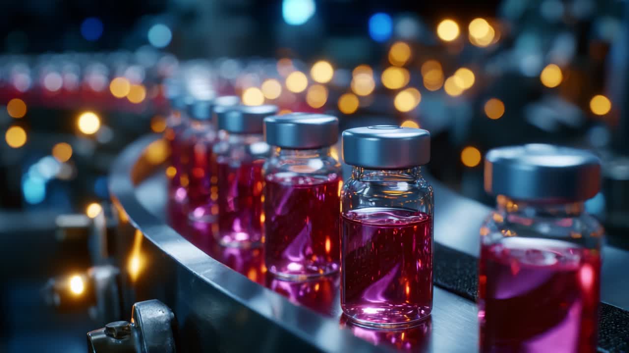 Production Process of Colorful Liquid Vaccines in Vials on a Conveyor Belt, Emphasizing the Detail of the Bottles and the Blurred Background of a Modern Pharmaceutical Factory Setting
