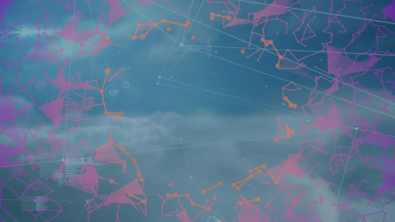 Animation of connections and data processing over cloud background