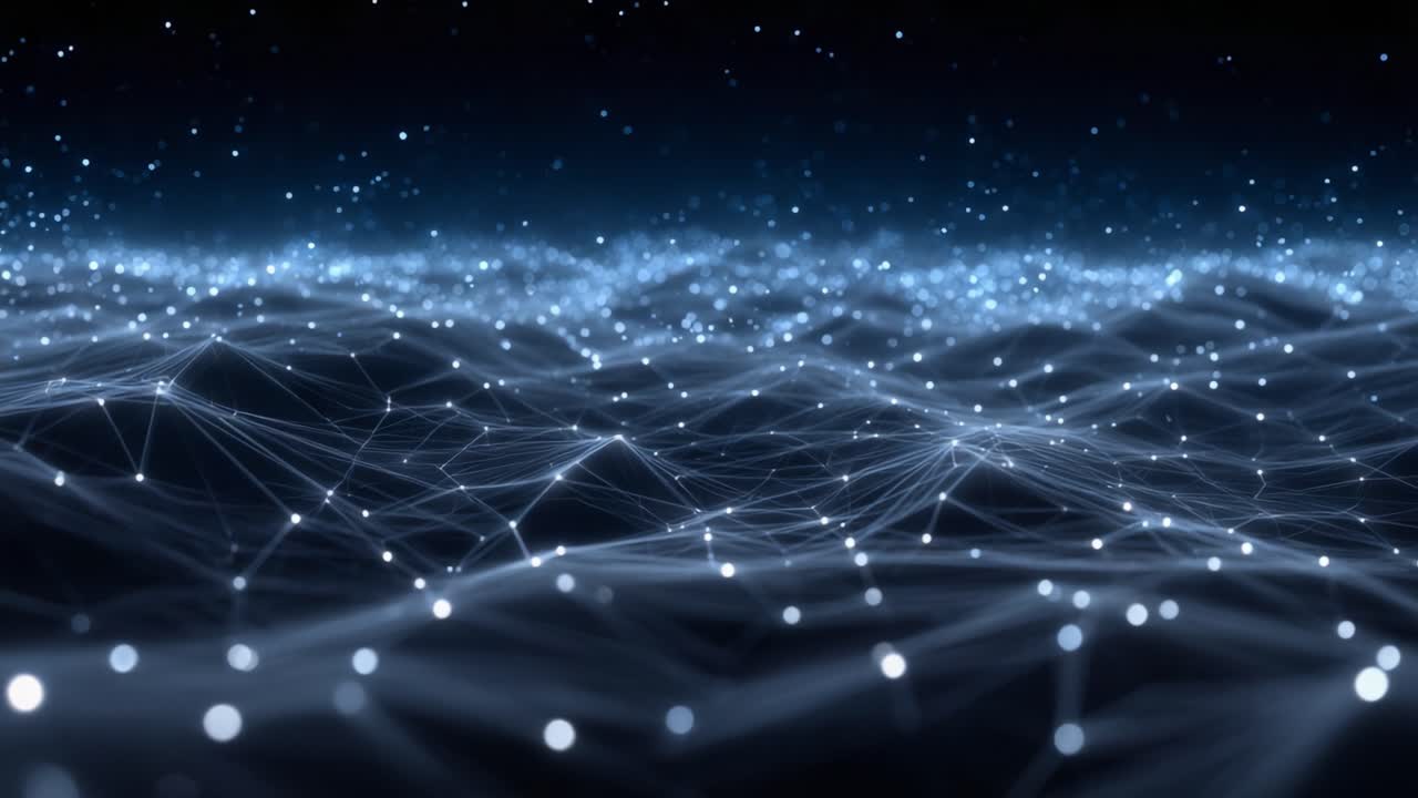 A Captivating Display of Light and Connectivity: Exploring the Depths of a Digital Landscape Through Mesmerizing Waves of Points and Lines in a Dark Environ