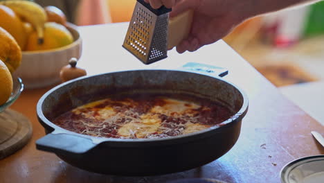 Hausgemachte-Shakshouka-Mit-Geriebenem-Käse-Im-Topf-Auf-Holztisch