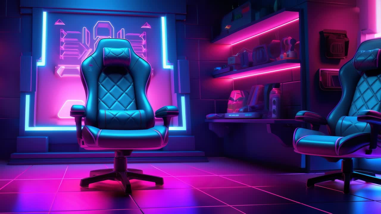 Configurazione di gioco futuristica con luci al neon, con sedie ergonomiche