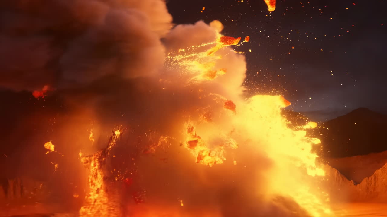Powerful Volcanic Eruption with Lava and Smoke at Night