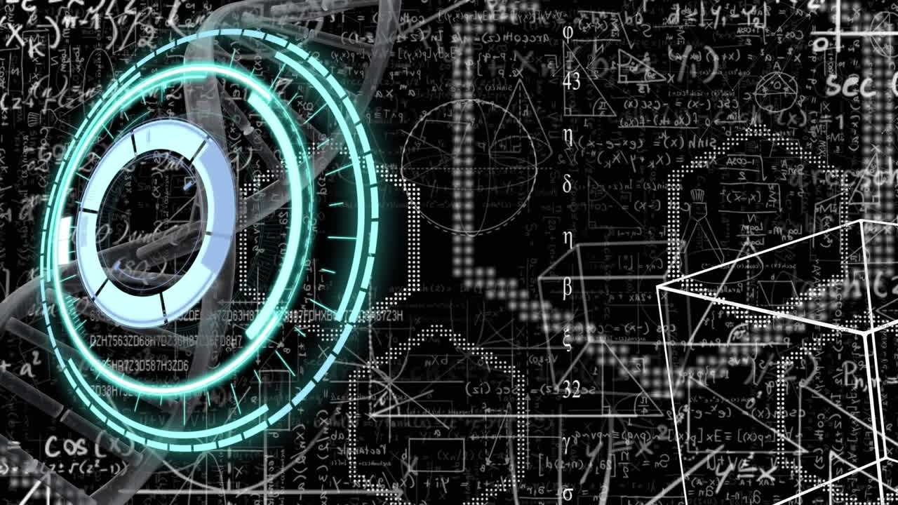 animación del escaneo del alcance, la cadena de adn y las ecuaciones matemáticas sobre fondo negro