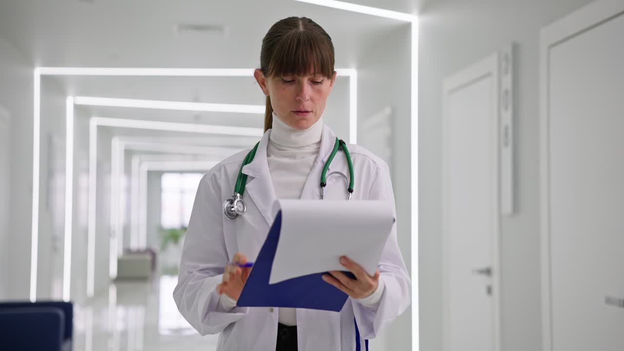 Doctor reviewing medical records in a modern hospital hallway