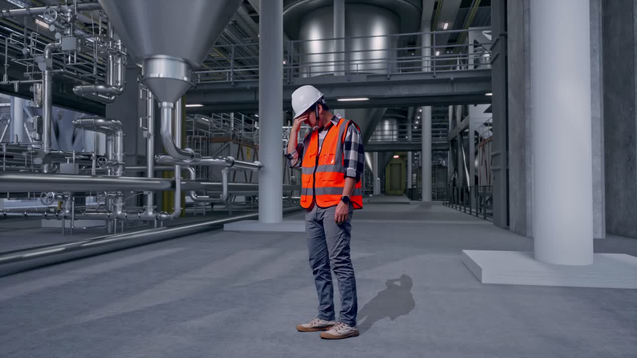 Ganzkörper-Seitenansicht eines asiatischen Ingenieurs mit Schutzhelm, der Kopfschmerzen hat, während er im Innenraum einer Brennerei mit Gärbehältern arbeitet.