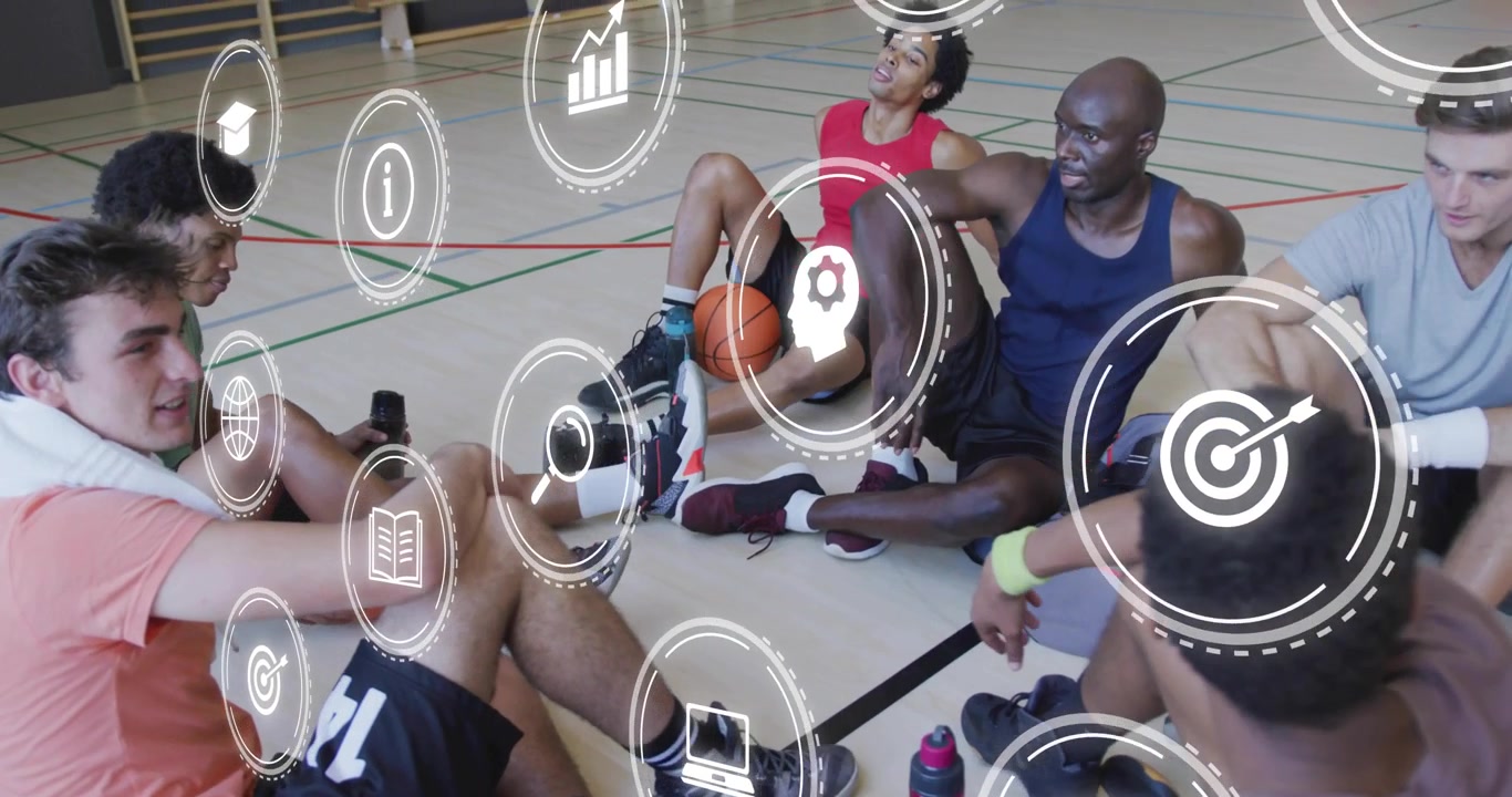 Sports teammates sitting on gym floor, discussing strategy for planning, sparking icons around them