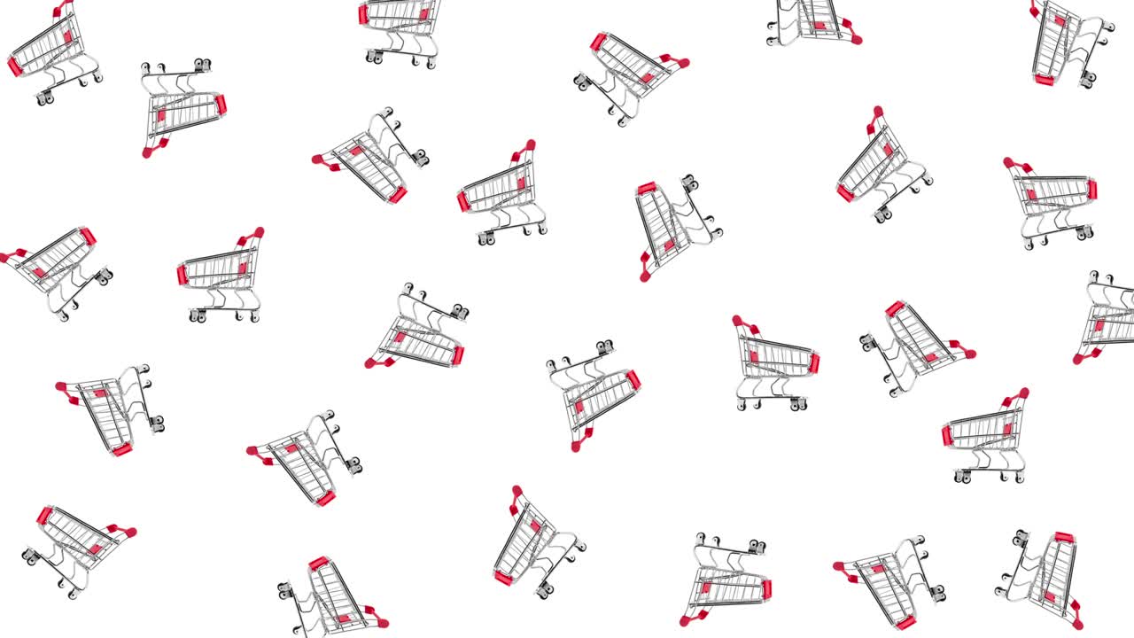 seamless looping pattern animation with many metal empty shopping carts that wiggle on bright white background. black friday and advertisement concept, copy space. vertical footage