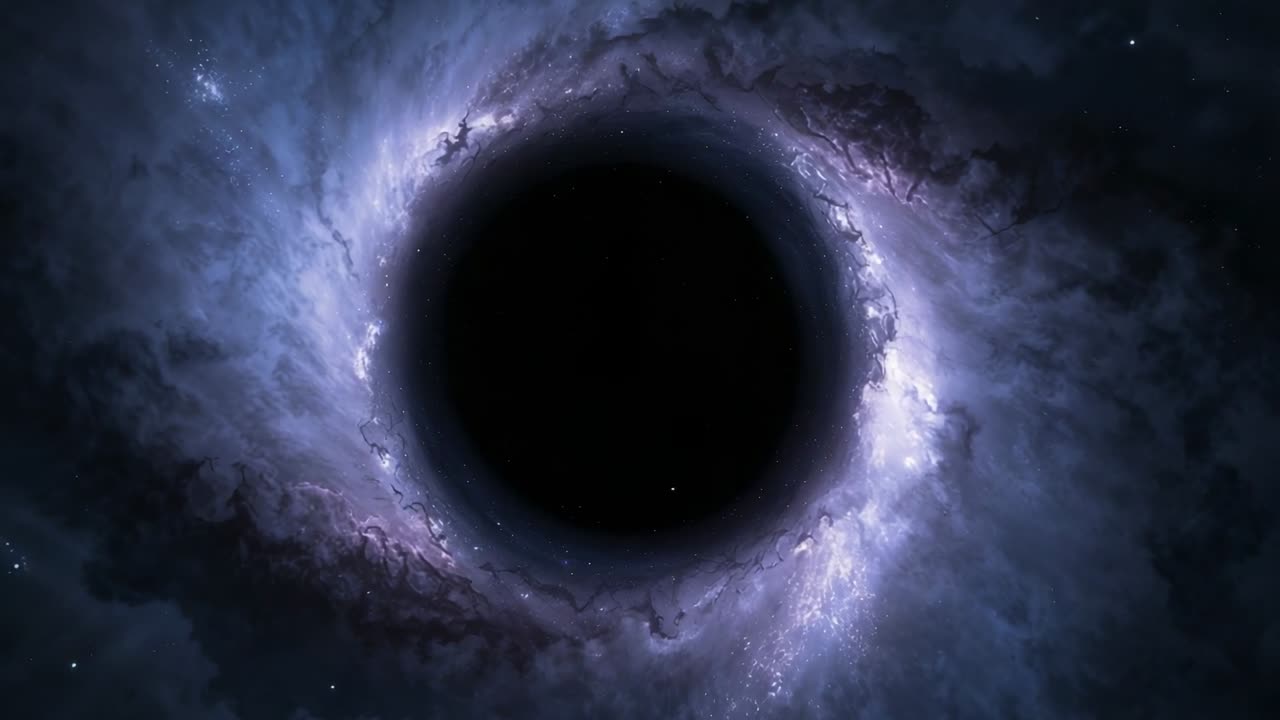 Rotating accretion disk surrounding central black hole advancing in deep space, shimmering gas