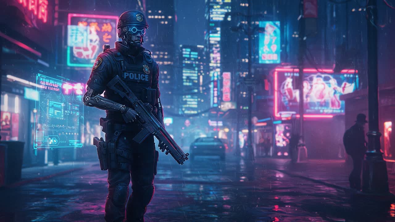 Futuristic Cyberpunk Police Officer in Neon-Lit Cityscape: A Glimpse Into a High-Tech Urban Metropolis Incorporating Elements of Law Enforcement and Digital Innovation